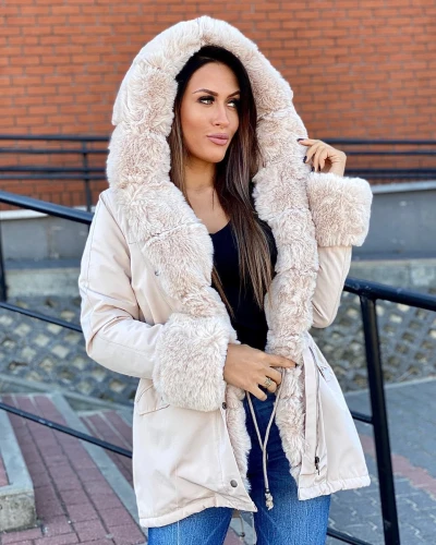 Zimowa parka BEŻOWA Premium beżowe futro sztuczne XS-L