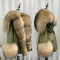 Puchowa parka SUPREME khaki futro naturalne jenot naturalny S