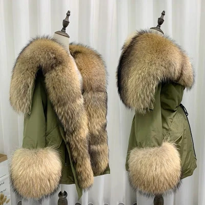 Puchowa parka SUPREME khaki futro naturalne jenot naturalny S