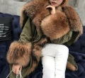 Puchowa parka SUPREME khaki futro naturalne jenot naturalny S