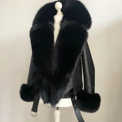 Kurtka Skórzana Kożuch Czarna Damska Obszyta Futrem Naturalnym Lisa Black Foxy 