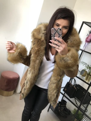 Parka Zimowa Winter Beżowa Camel Futro Sztuczne XS-L