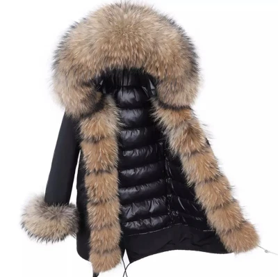 Długa parka czarna z futrem z jenota puchowa Furry
