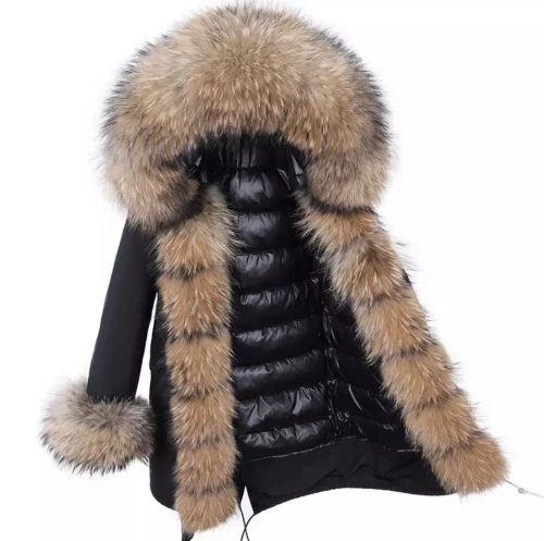 Długa parka czarna z futrem z jenota puchowa Furry