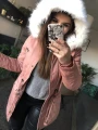 Kurtka Parka Pudrowy Róż Futerko Białe XS/S/M/L/XL