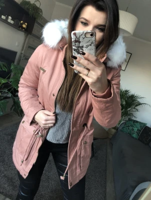 Kurtka Parka Pudrowy Róż Futerko Białe XS/S/M/L/XL