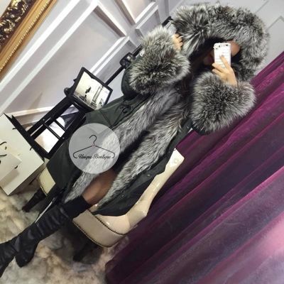 Parka khaki puchowa Moncler srebrny Lis naturalny