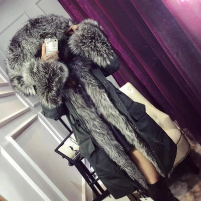 Zjawiskowa Parka KHAKI JENOT Lis srebrny futro M