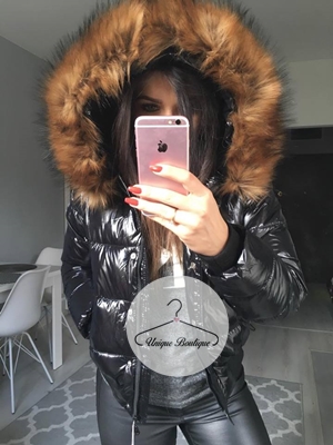 Czarna lakierowana zimowa kurtka pikowana a'la Moncler M-XL