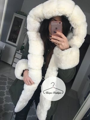 Zimowa parka KHAKI premium futro ecru sztuczne xs-l
