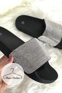 Gumowe klapki CRYSTAL cyrkonie silver black