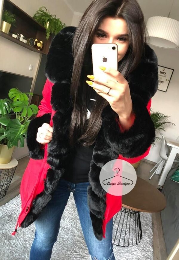 1258.jpg Zimowa parka Premium czerwona czarne futro sztuczne XS-XL