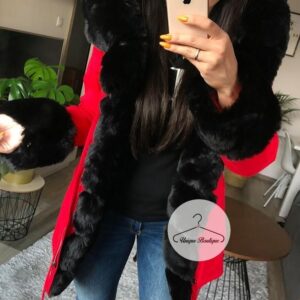 1260.jpg Zimowa parka Premium czerwona czarne futro sztuczne XS-XL
