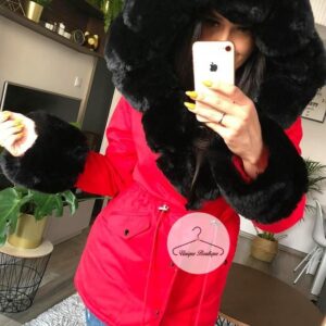 1262.jpg Zimowa parka Premium czerwona czarne futro sztuczne XS-XL