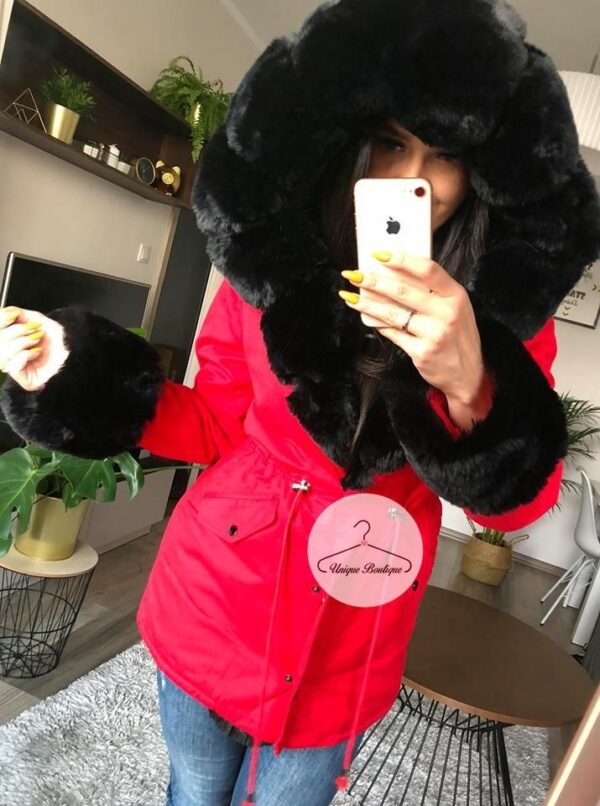 1262.jpg Zimowa parka Premium czerwona czarne futro sztuczne XS-XL