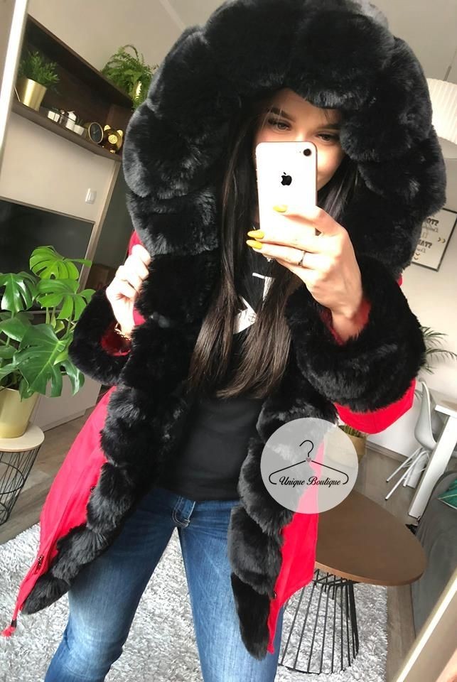 Zimowa parka Premium czerwona czarne futro sztuczne XS-XL