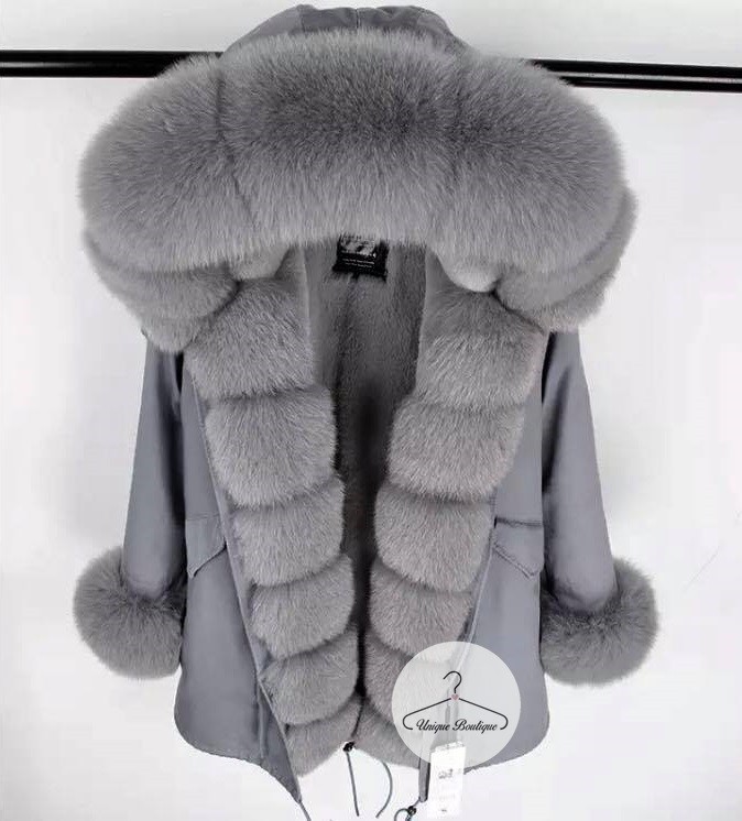 Długa Parka Szara Amerykańska LIS naturalny szary XS-XL
