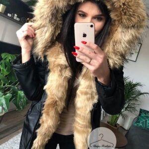 Kurtka parka czarna futro sztuczne beżowe K.Zell XS-XL