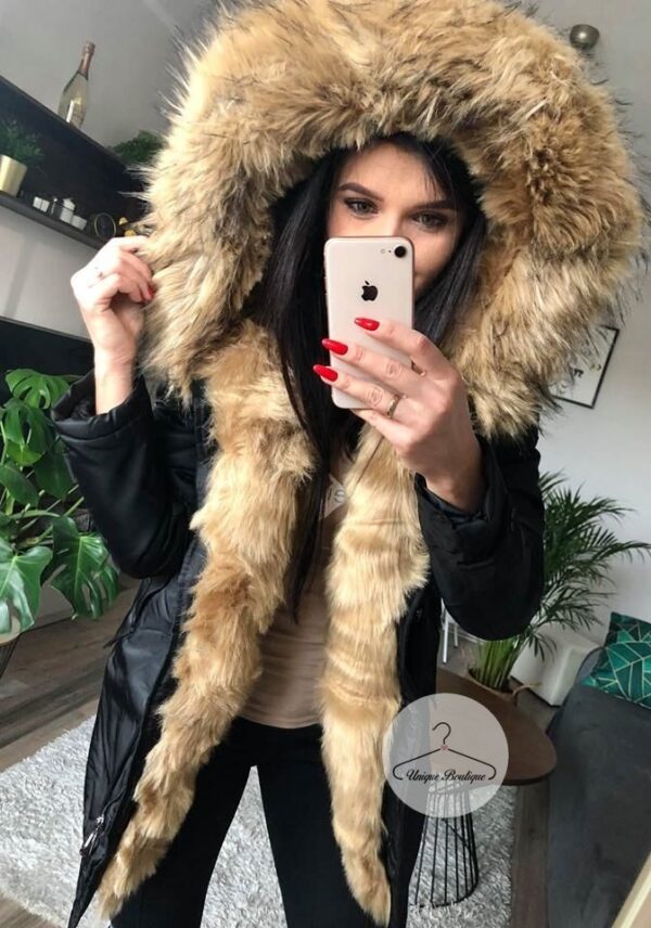 Kurtka parka czarna futro sztuczne beżowe K.Zell XS-XL