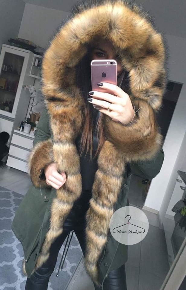 Zimowa parka Khaki Premium natural brązowe futro sztuczne XS-L