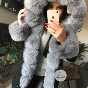 Długa parka Amerykańska czarna z szarym futrem z lisa naturalnym