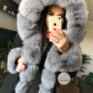 Długa parka Amerykańska czarna z szarym futrem z lisa naturalnym