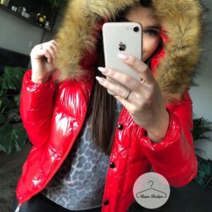Czerwona lakierowana zimowa kurtka pikowana a'la Moncler M-XL