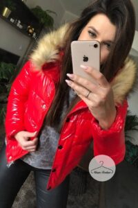 Czerwona lakierowana zimowa kurtka pikowana a'la Moncler M-XL