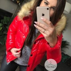 Czerwona lakierowana zimowa kurtka pikowana a'la Moncler M-XL