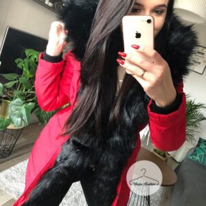 2112.jpg Kurtka Parka CZERWONA czarne futro sztuczne S-L
