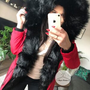 2128.jpg Kurtka Parka CZERWONA czarne futro sztuczne S-L