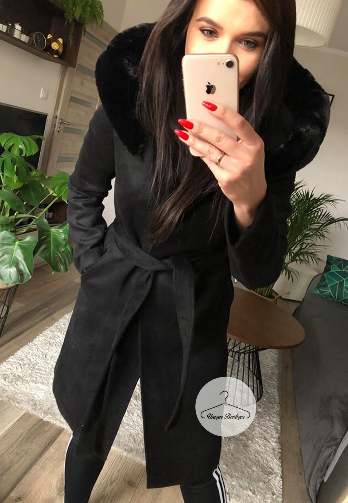 Elegancki czarny płaszcz BLACK z kapturem i futerkiem S-XL