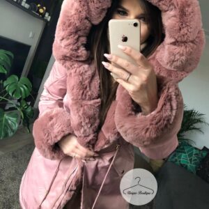 Zimowa parka BRUDNY RÓŻ premium futro sztuczne S-L