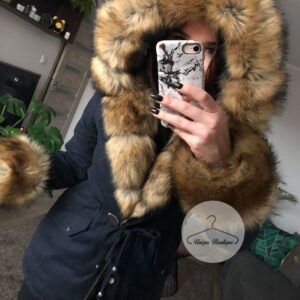 3008.jpg Zimowa granatowa parka Premium natural brązowe futro sztuczne XS-L