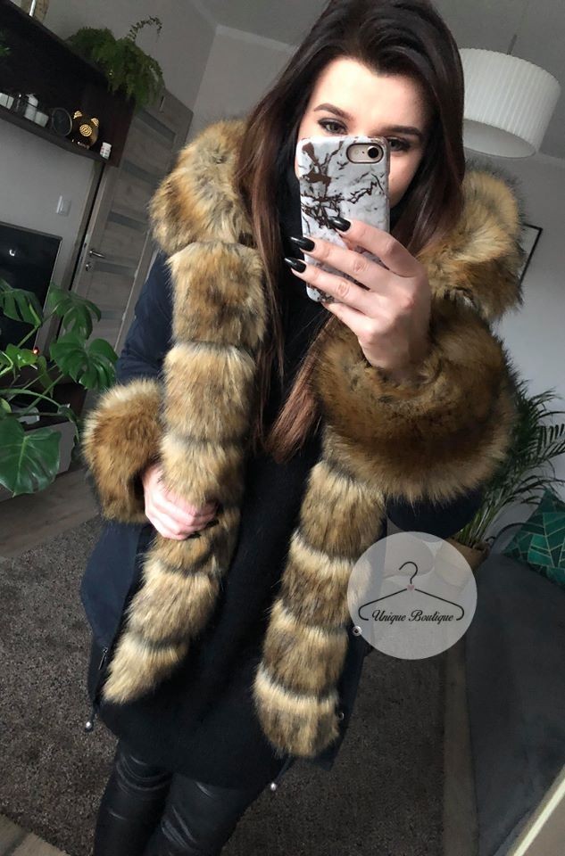 3016.jpg Zimowa granatowa parka Premium natural brązowe futro sztuczne XS-L