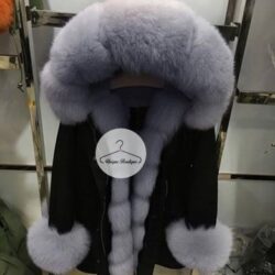 Długa parka Amerykańska czarna z szarym futrem z lisa naturalnym