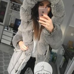 Ortalionowa parka zimowa Premium z szarym futrem sztucznym