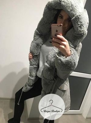 Ortalionowa parka zimowa Premium z szarym futrem sztucznym