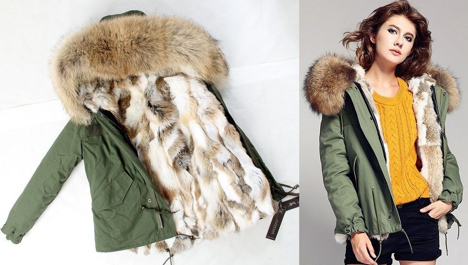 Krótka parka khaki z futrem z jenota Luxury