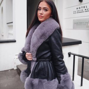 Elegancki krótki płaszcz z eko-skóry z szarym futrem Kendall