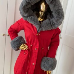 4915.jpg Zimowa parka Premium czerwona z szarym sztucznym futrem