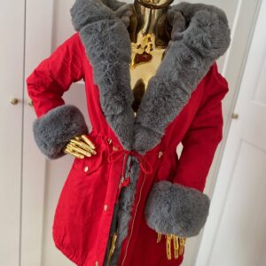 4919.jpg Zimowa parka Premium czerwona z szarym sztucznym futrem