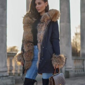 5409.jpg Długa parka czarna z futrem z jenota puchowa Furry