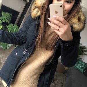 Granatowa Parka ze sztucznym Futrem Really
