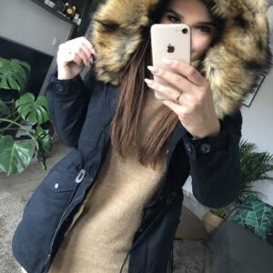 Granatowa Parka ze sztucznym Futrem Really
