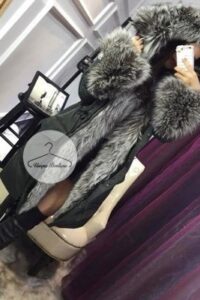 Parka khaki puchowa Moncler srebrny Lis naturalny
