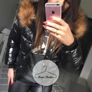 Czarna lakierowana zimowa kurtka pikowana a'la Moncler M-XL