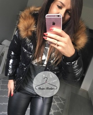 Czarna lakierowana zimowa kurtka pikowana a'la Moncler M-XL