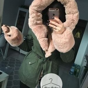 Zimowa parka Khaki Premium różowe futro sztuczne XS-L