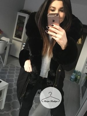 Zimowa CZARNA parka Premium czarne futro sztuczne XS-XL
